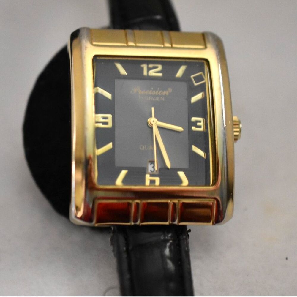 Percision By Gruen Black Face Gold Tone Black Leather Band New Battery Watch